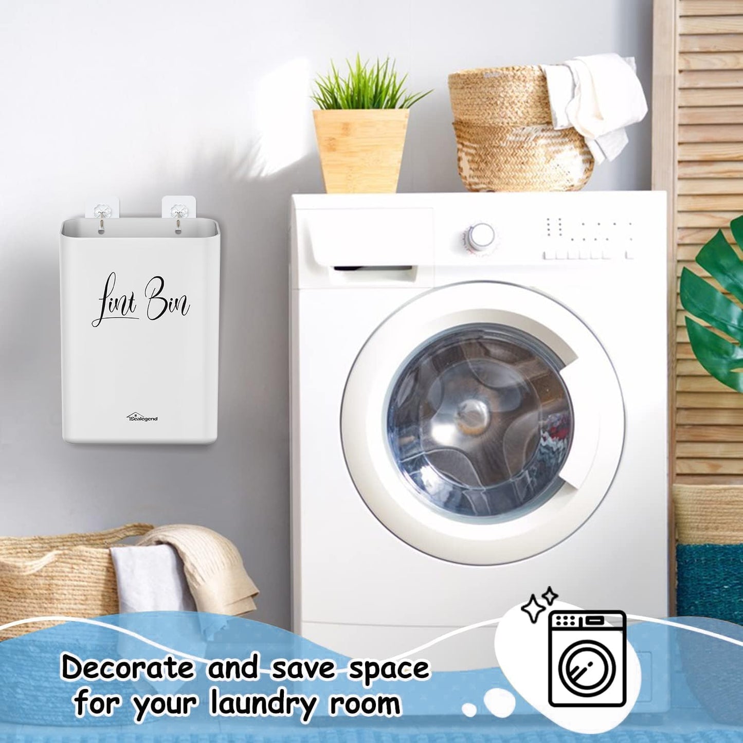 Sealegend Magnetic Lint Bin for Laundry Room with Dryer Lint Brush, Wall Mounted Trash Can Space-Saving Laundry Organization and Storage, White | 3 Installation Ways, Space-Saving Trash Can, Laundry Organization & Storage