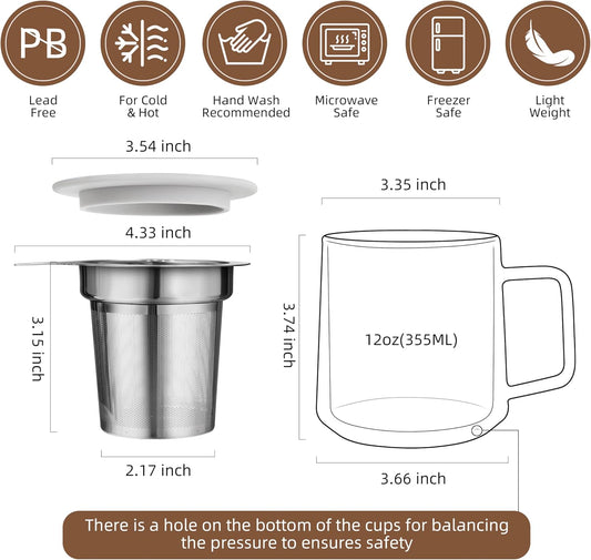 CNGLASS Glass Tea Cup with Removable Infuser and Lid,10oz Thickened Glass Infuser Mug,Borosilicate Glass Mug for Loose Leaf Tea,Teabags