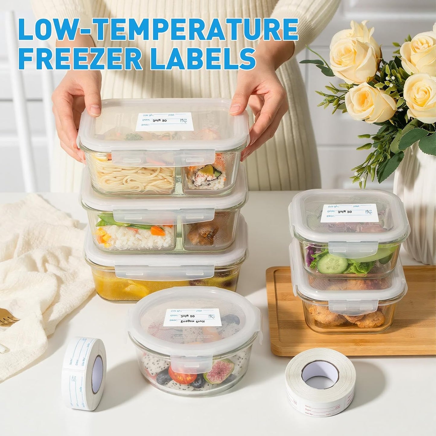 2 Rolls 1000 Pieces Freezer Labels, Write-On Waterproof & Oil-Proof,Removable Food Labels & Write-On Tape for Food Containers Perfect for Food Labeling and Storage Organization