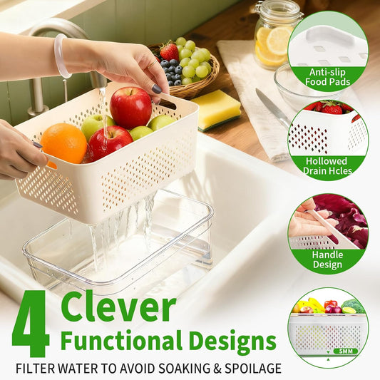 PRAKI Fruit Storage Containers for Fridge with Removable Colander, 5-Pack | 4 in 1 Food Storage Containers, Produce Saver for Refrigerator Keep Fruits, Berry Fresh Longer, Multiple Sizes, BPA-Free