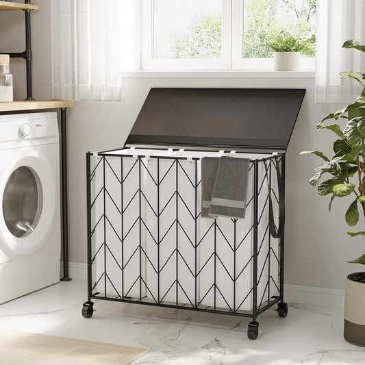WOWLIVE Laundry Hamper 3 Section with Lid, 142L Laundry Basket with Wheels