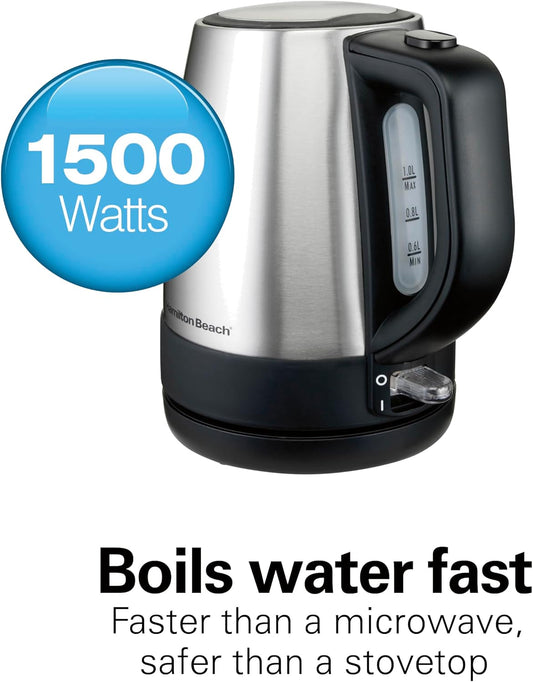 Hamilton Beach 1 Liter Electric Tea Kettle, Water Boiler & Heater | Fast Boiling 1500 Watts | BPA Free | Cordless Serving | Auto-Shutoff & Boil-Dry Protection | Mesh Filter | Stainless Steel