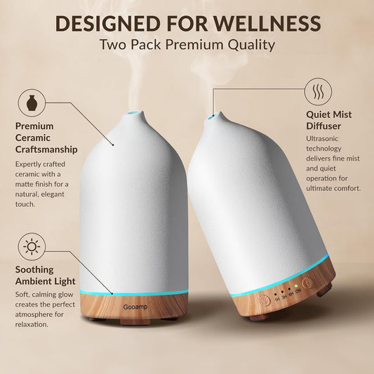 Ceramic Essential Oil Diffuser for Home (Set of 2) Air Humidifier | 200ML Ultrasonic Aromatherapy Diffuser & Humidifier 7 LED Lights, Auto Shut-Off, Wood Base, 3 Timers for Bedroom, Office,Yoga