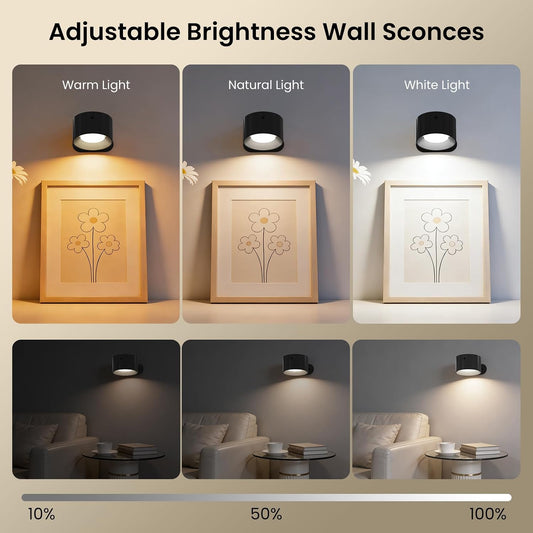 LED Wall Sconces, Battery Operated Wall Lights for Bedroom Bedside, Cordless Sconces with Remote & Touch Control, 360° Magnetic Rotation & Rechargeable, 3 Color Modes Dimmable (Black)
