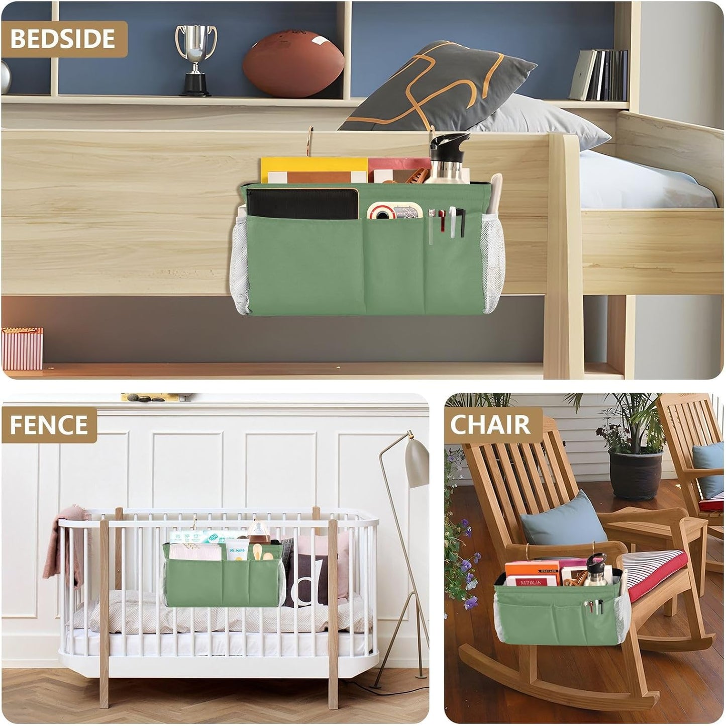 DOMIKING Sage Green Bedside Caddy for Dorm Bed Recliner Armrest Organizer with Hooks Haning Storage Pocket for Couch Recliner Remote Control