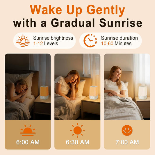 10-60 Mins Simulated Sunrise Alarm Clock: Gentle Wake Up Light for Bedroom | Adjustable Brightness 32-Level Volume Bright & Loud Enough for Dark Morning - White Noise Machine with 30 Smoothing Sounds