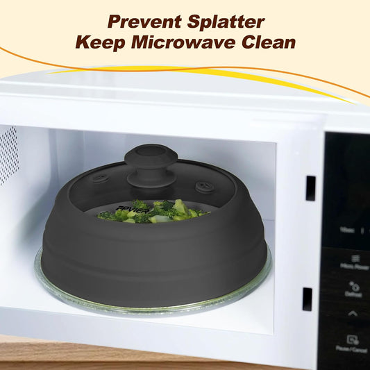 Microwave Splatter Cover, Vented Silicone & Glass Anti-Splatter Lid with Handle, Collapsible Food Plate Cover Fits 6–11 Inch Plates and Bowls (Black, 11.8inch)