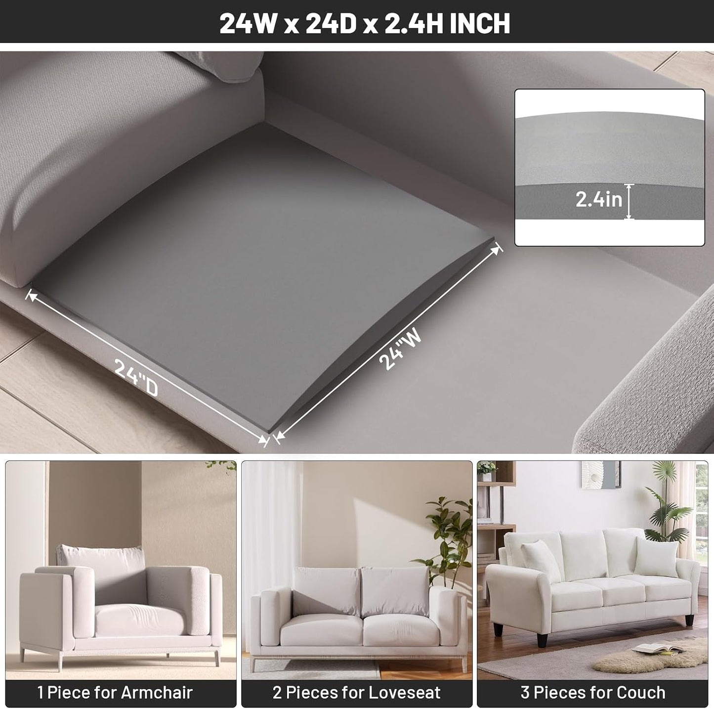 Couch Cushion Support for Sagging Seat, 20"x20"x2" 40D High Density Curved Foam Sofa Cushion Support, Under-Cushion Sag Repair,Grey Set of 3