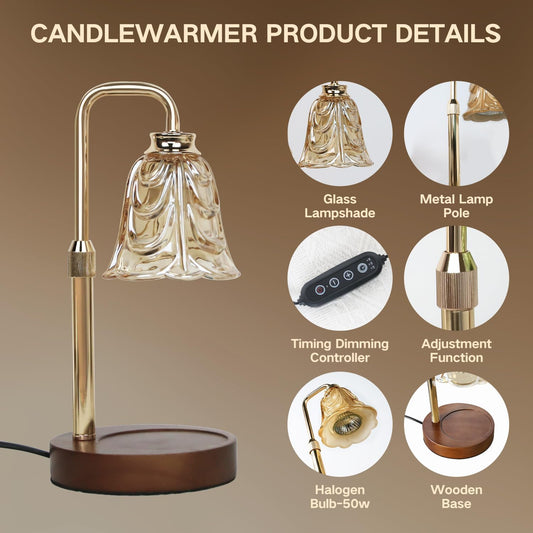 Droyek Candle Warmer Lamp with Timer Electric Candle Warmer Lamp Adjustable Height Dimmable Wax Warmer Lamp Jar Candles with 2 Bulbs for Home Decor & Office