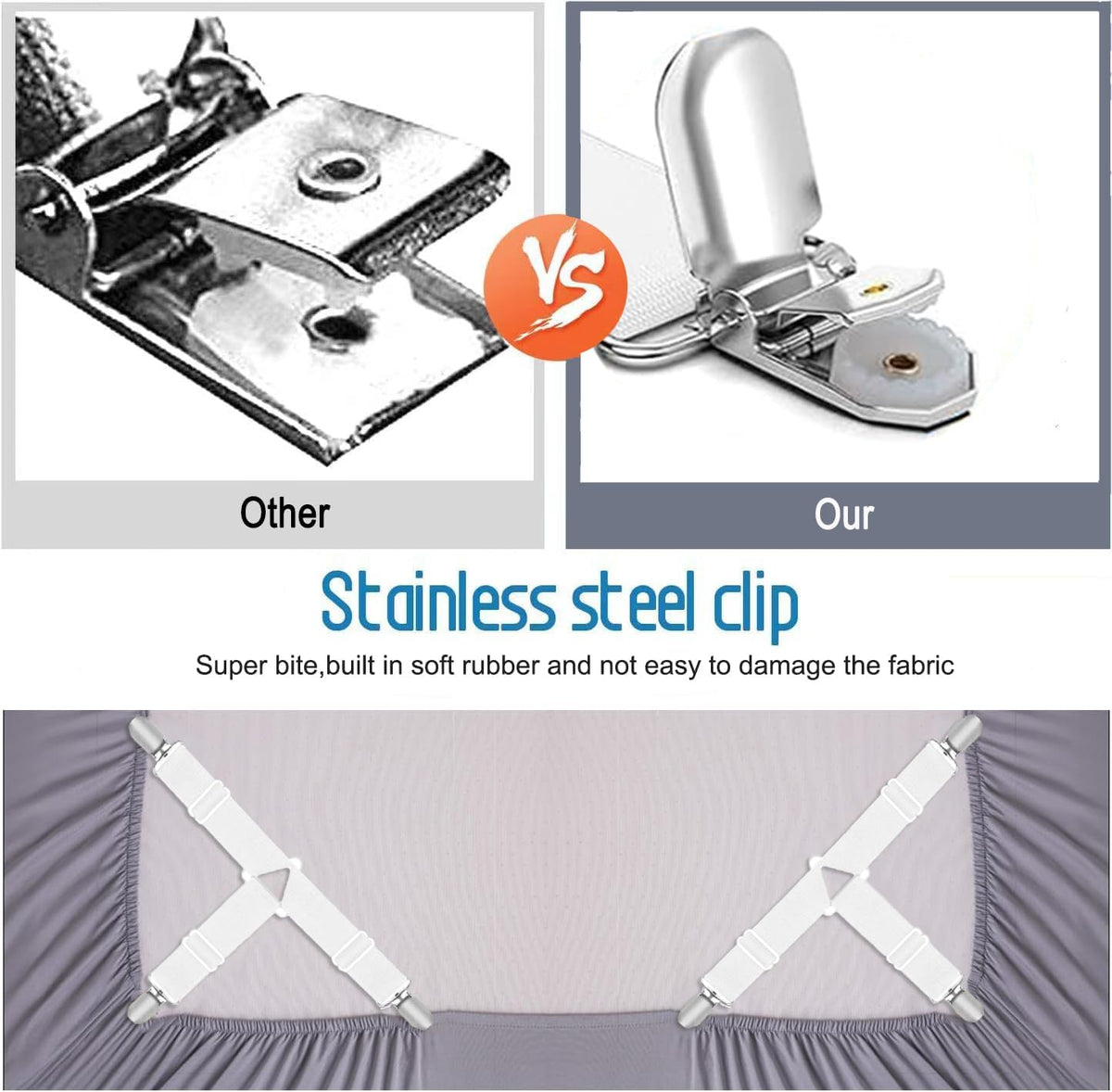 Bed Sheet Holder Straps, Upgrade Non Slip Sheet Clips, Fitted Sheet Holders for Corners, Easy Install Adjustable Elastic Firm Tight Accessories /Set Black