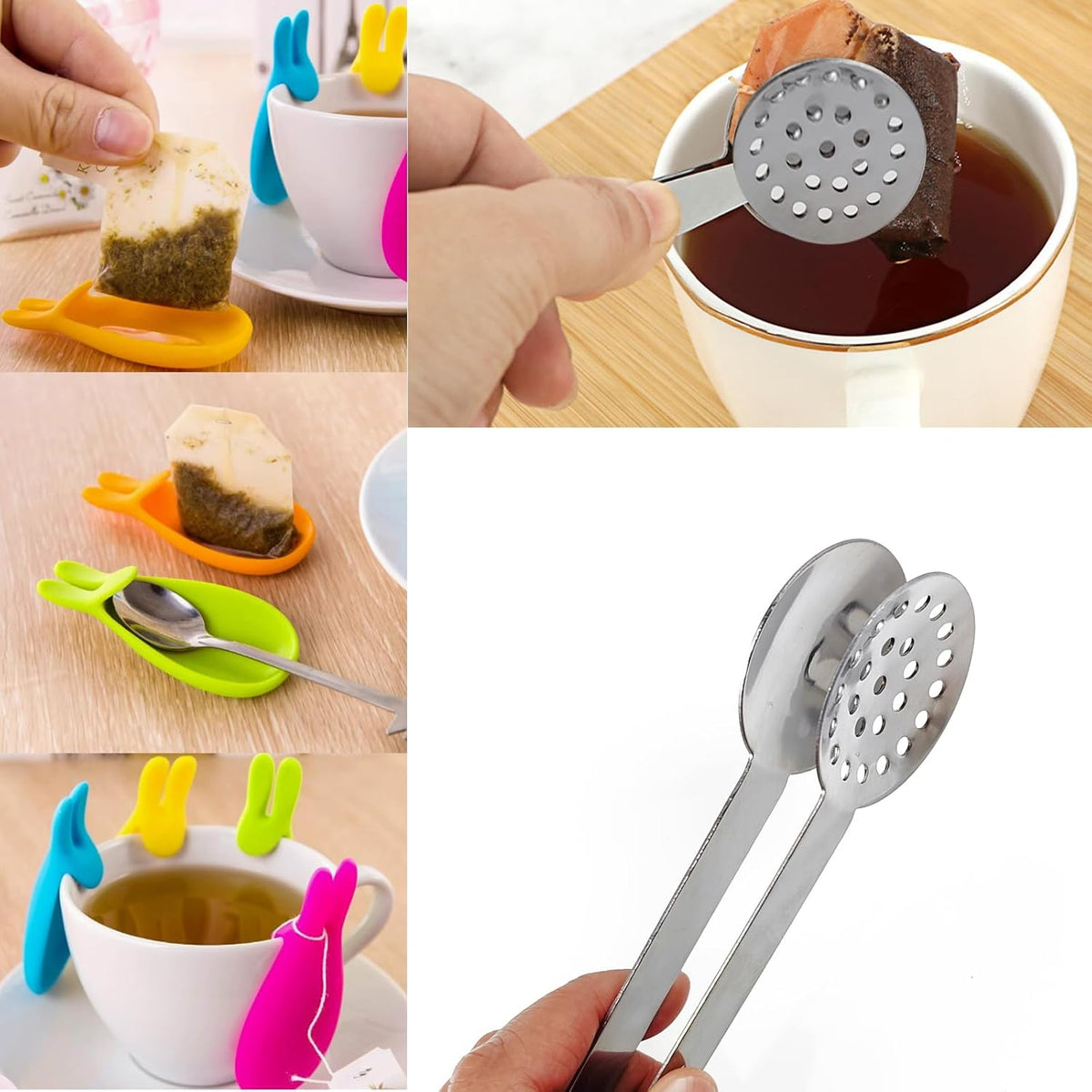 GXXMEI 2PCS Stainless Steel Tea Bag Tongs with 2PCS Bunny Silicone Tea Bag Holders, Round Tea Bag Squeezer - 6inch Tea Bag Strainer Clips Herb or Sugar Ice Cube for Kitchen Bar Tools