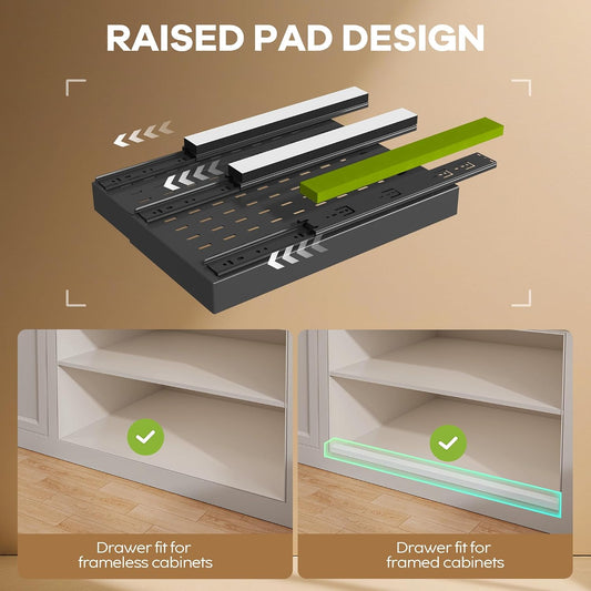Seinloes 2Pack Pull out Cabinet Organizer 21"Deep with 4 Adjustable Dividers,Expandable(12.1"-20.4"W) Pots and Pans Organizer Under Cabinet with Raising Pad for Framed Cabinets,Slide out Drawers,White