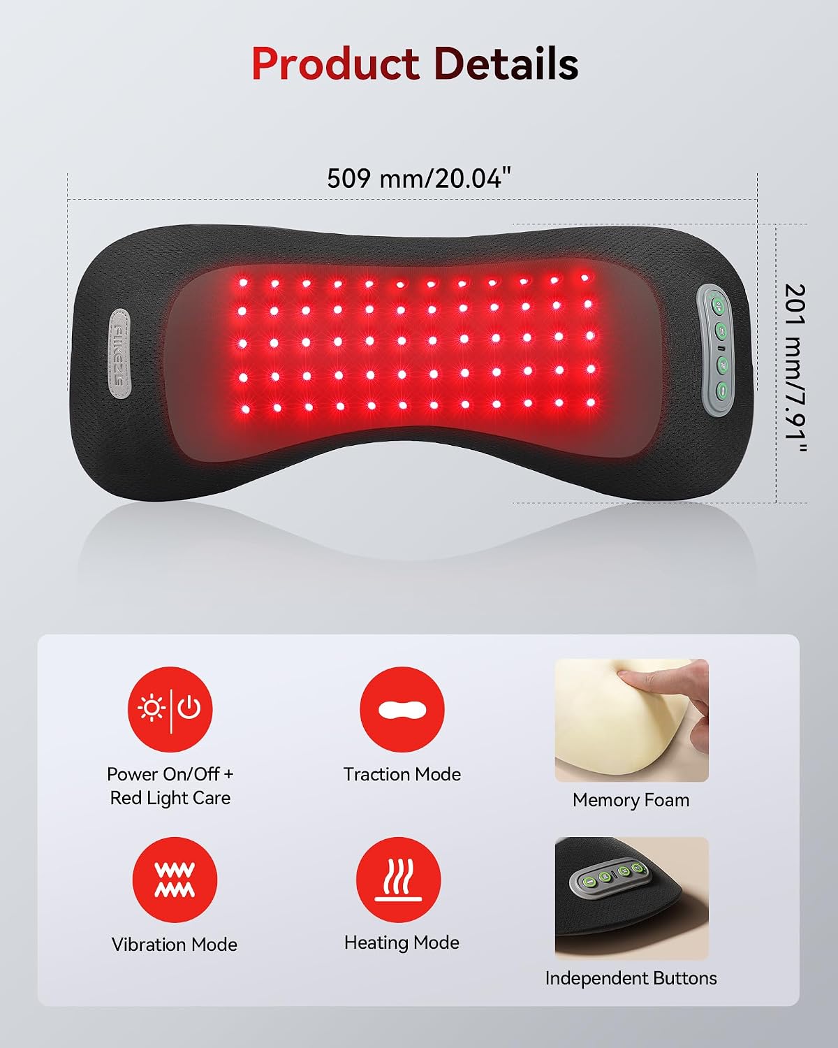 FliKEZE 4-in-1 Lumbar Massager with Red Light 650/850nm Cordless 5000mAh | Lumbar Support Pillow Lower Back Massager with Vibration, Airbag Traction & Heating for Back & Waist Comfort, FSA Eligible