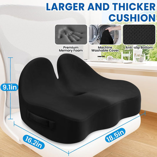 Seat Cushion, Chair Cushions, Memory Foam Office Chair Cushion | Hip & Sciatica & Tailbone Pain Relief, Long Sitting Comfort for Office Chairs/Desk Seats/Wheelchair (Large, Black)