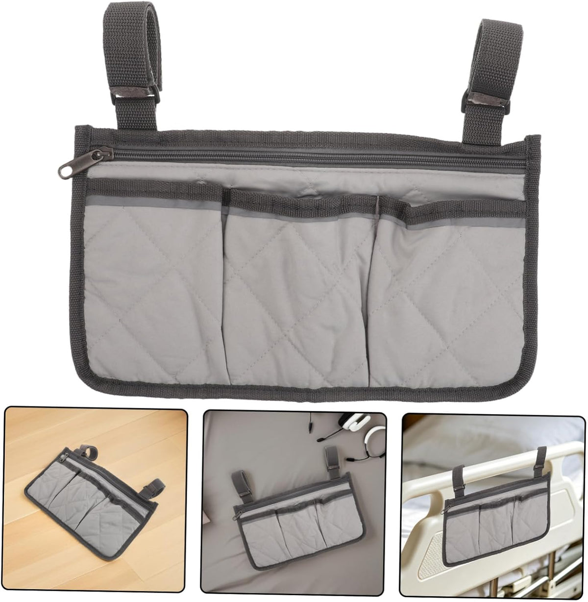 Bed Rail Organizer with 4 Pockets, Safety Bed Assist Rail Storage Bag with Cup Holder, Gray Bedside Caddy for Mobility Aid and Hospital Use
