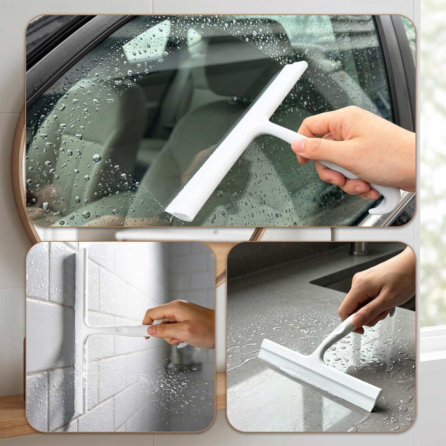 Shower Squeegee for Glass Doors, 8-Inch Silicone, Fishtail Hook, Black | One-Piece Silicone Squeegee for Shower Glass, Fishtail Hook, Non-Slip Grip, Quiet Glide; Tile, Mirrors, Windows & Car Glass