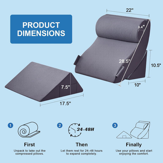 4PCS Bed Wedge Pillow Set for After Surgery, Orthopedic Wedge Pillows for Sleeping, Back, Neck and Leg Pain Relief, Adjustable Memory Foam Support Pillows for Acid Reflux, GERD & Snoring, Grey