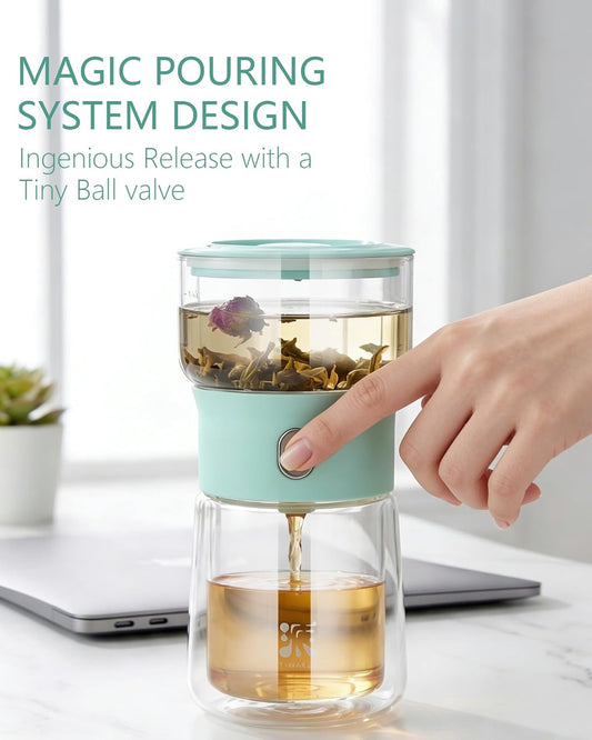 ZENS Modern Tea Infuser Pot, Small One Touch Tea Maker for Loose Tea, Blue | Glass Magic Teapot, Portable Tea Infuser with 6.7oz Insulated Mug and Case, Fancy Tea Diffusers for Tea Lovers