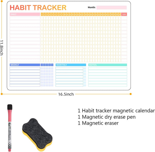 Habit Tracker Calendar Magnetic Whiteboard for Refrigerator,Daily Weekly and Monthly Habit Tracker Journal Workout Motivation Goal Planner Journal