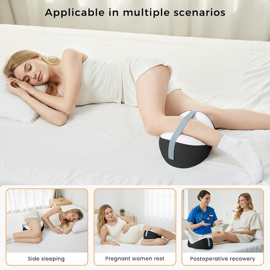 Knee Pillow for Side Sleepers, Leg Pillow with Adjustable Hook & Loop Strap & Removable Washable Cover for Spine Alignment, Sciatica, Hip & Back Pain Relief