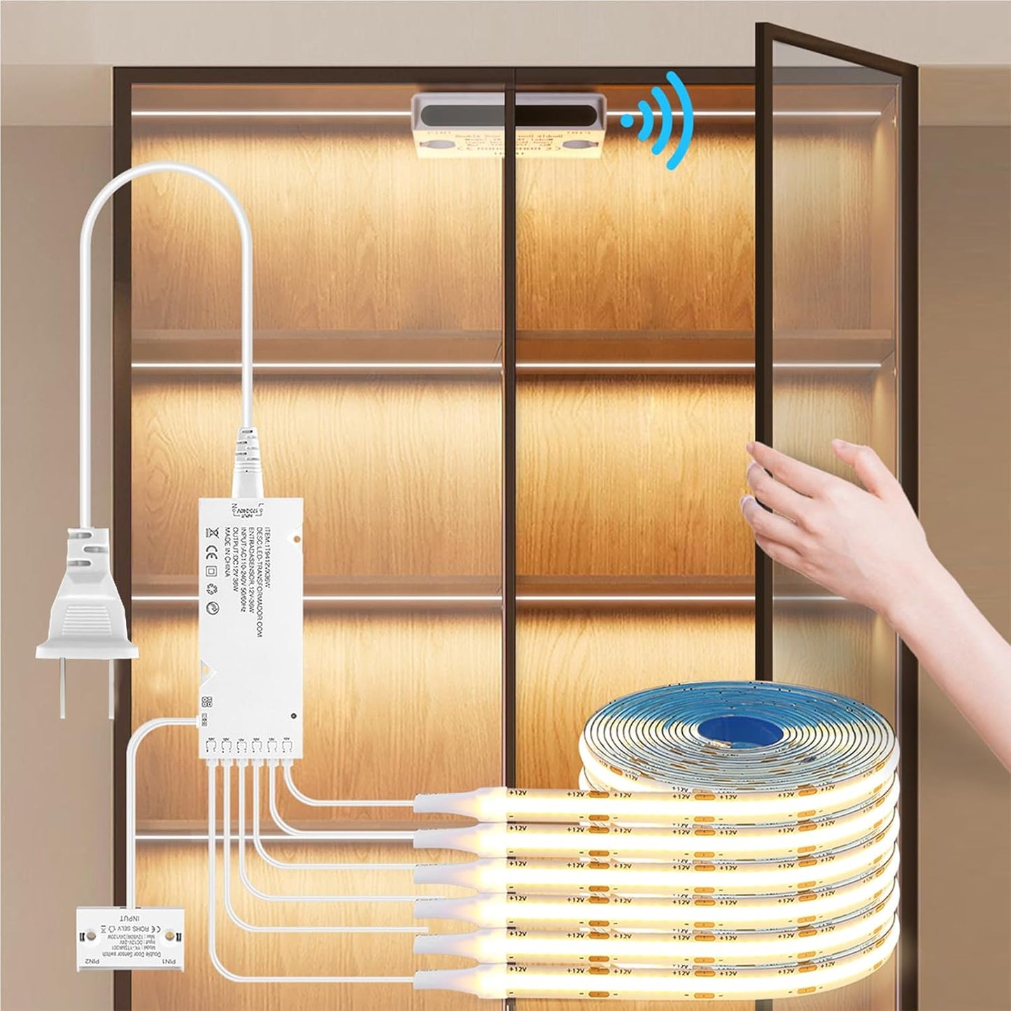 COB LED Strip Lights 12V,6-in-1 Door Sensor Control Under Cabinet Lighting Kit with 60W Adapter 6.56Ft Flexible LED Tape Light for DIY Wardrobe, Shoe Racks, Display Cabinets, Kitchen Cabinets