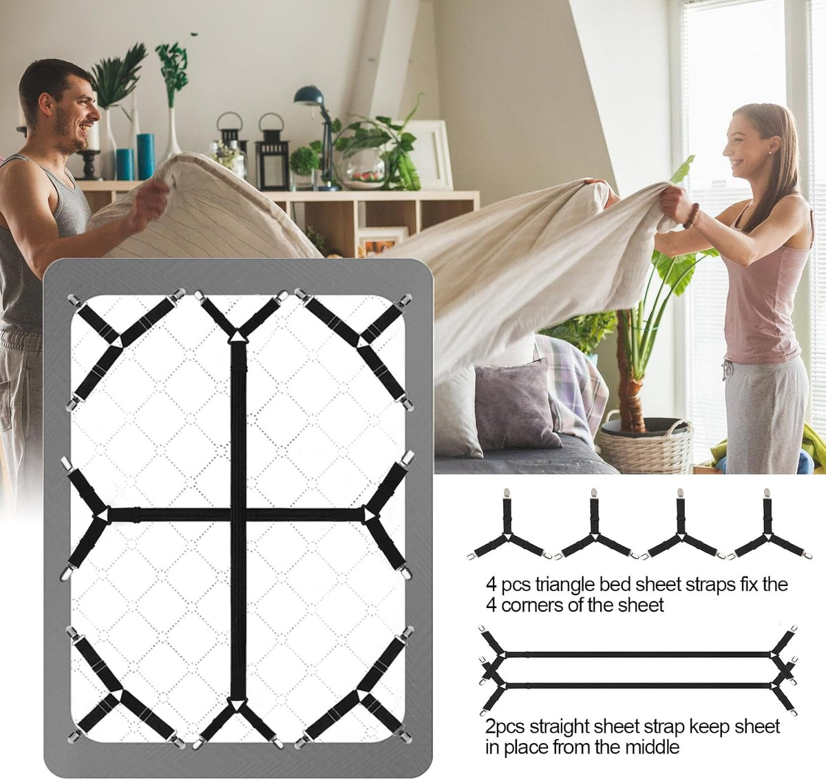 Luyena Bed Sheet Straps, 6 Pack, Adjustable Elastic Fitted Sheet Holders