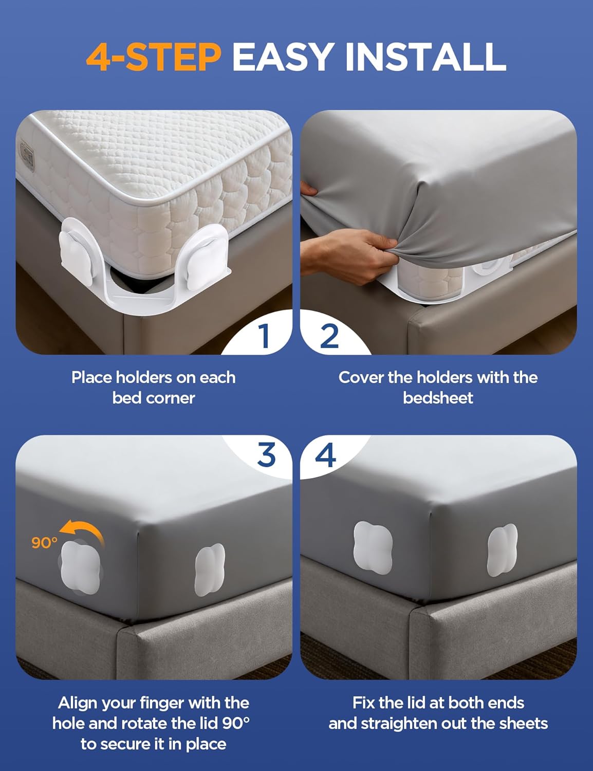 Sheet Holders Lock Bed Sheet Grippers - Fitted Sheet Holder for Corners Keep Sheets Firm & Tight Fit All Sheet Sizes,360 Degree Bed Sheet Tightener Easy Installation