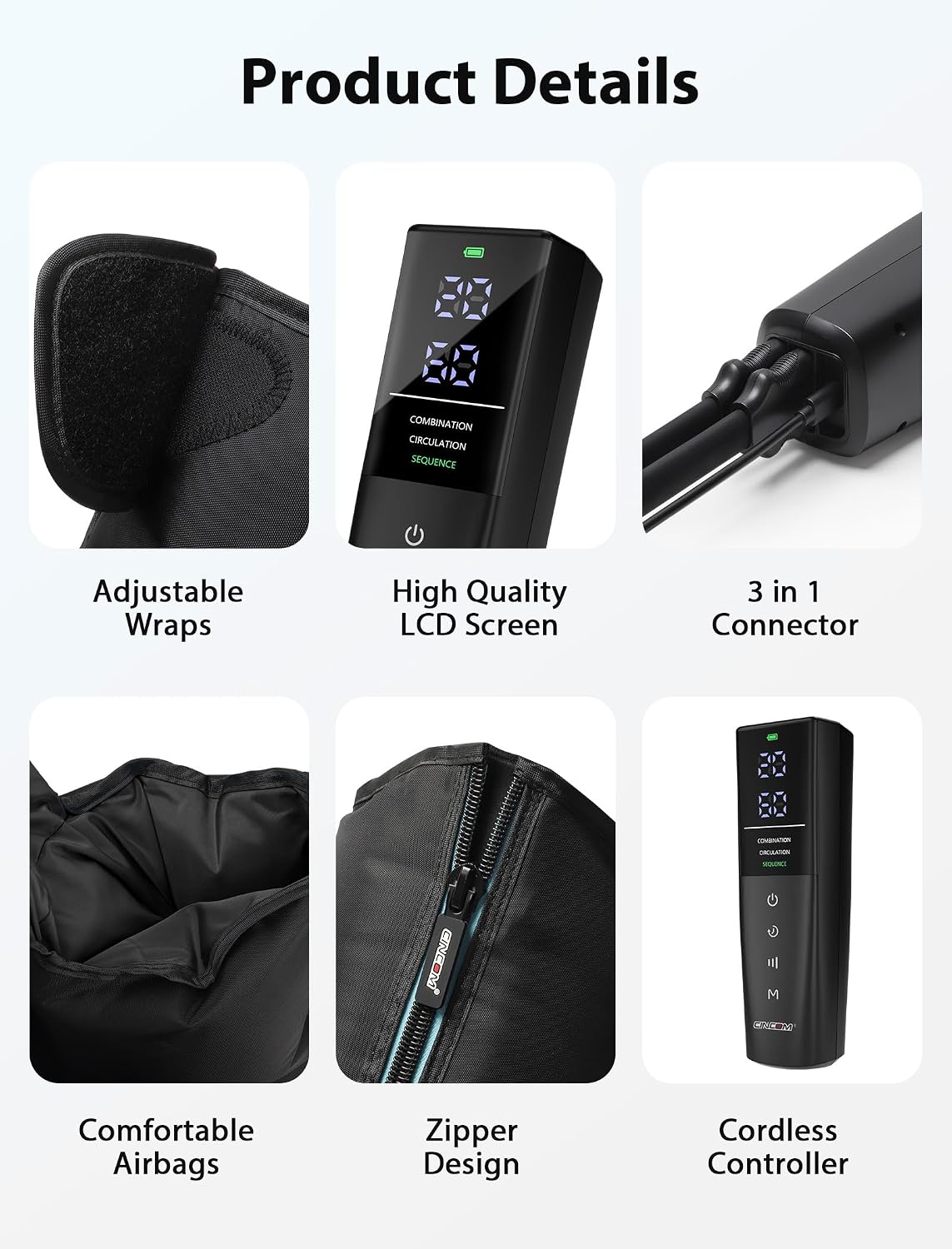 CINCOM Cordless Leg Massager, Air Compression for Pain & Circulation | 3 massage modes, 10 intensities, 5 timers, Rechargeable, Relieves RLS, edema, muscle fatigue, Use at home, office, or travel