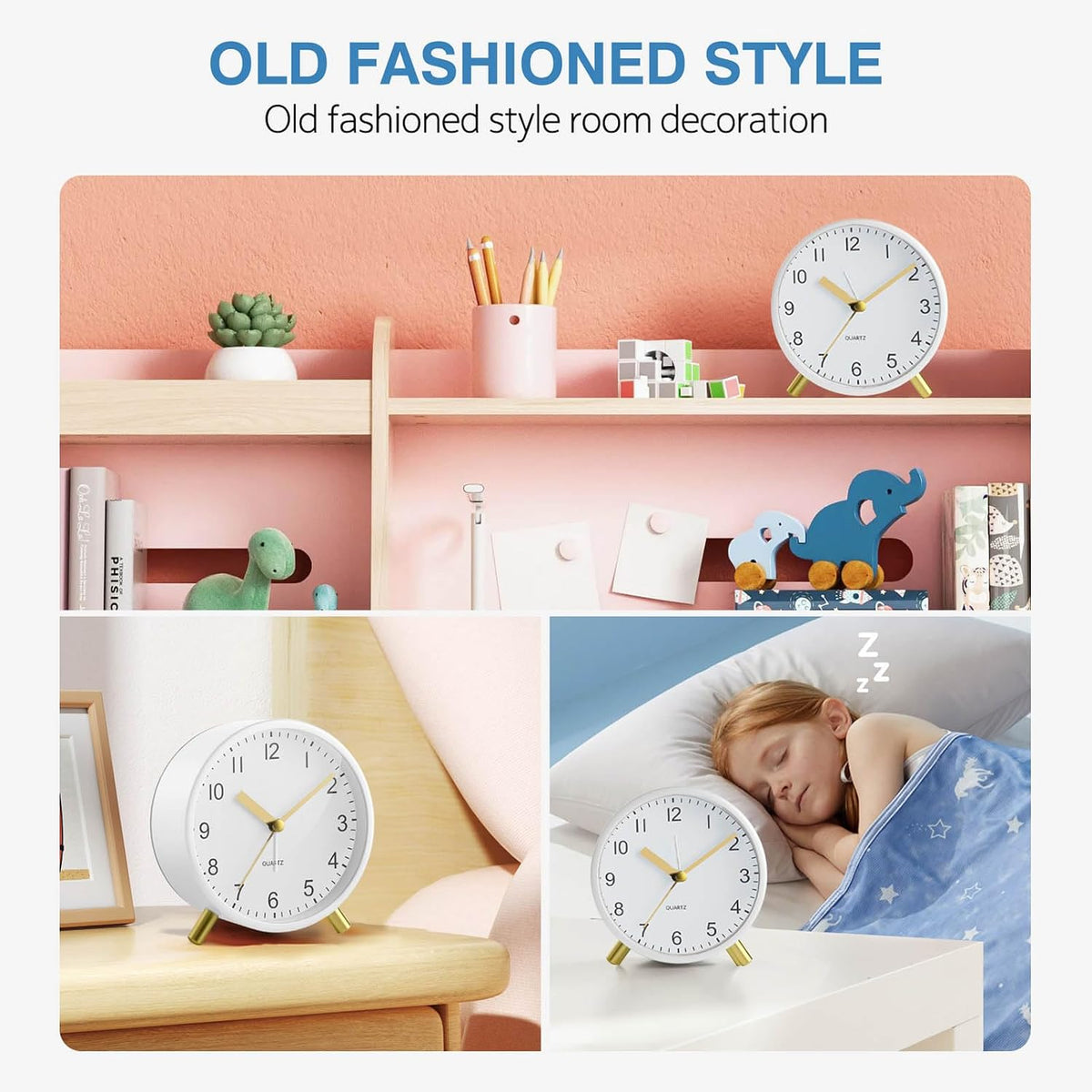 Analog Alarm Clock, Silent Non-Ticking with Night Light, Fashionable Round Metal Alarm Clock for Office, Battery Operated, Bedroom, Elderly, Adults, Children, Student Gifts