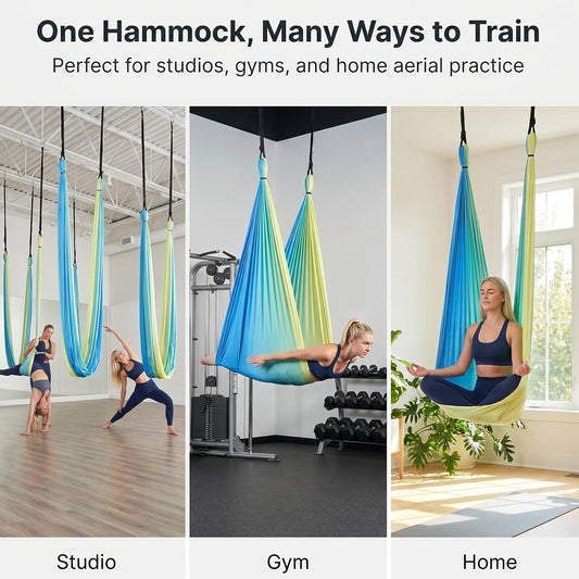 Blue-Green Gradient & Dark Green Aerial Yoga Hammock (400x180 cm / 157"x71"), Soft Silk Swing for Anti-Gravity Yoga, Inversion Therapy, Ideal for Strength, Flexibility Training and Stress Relief