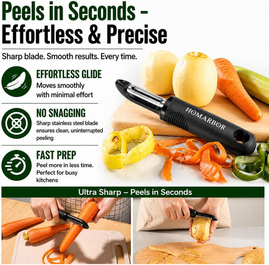Black Premium Vegetable Peeler | Ultra-Sharp Swivel Stainless Steel Blade | Ergonomic Soft Grip Handle | Mango Peeler | Dishwasher Safe | Skin Peeler for Veggies & Fruits | Potato Peeler & Eye Remover