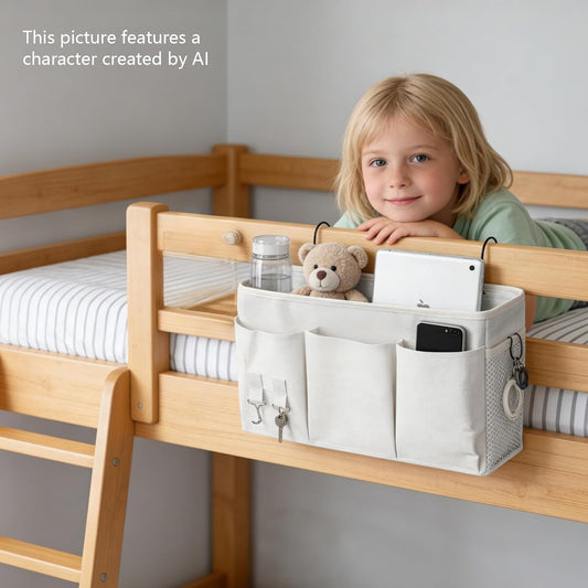 White Bedside Caddy Wall Bag for Dorm Bunk Hospital Beds, Stores Phone Books Glasses