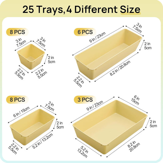 Vtopmart 25 PCS Clear Plastic Drawer Organizers Set, 4-Size Versatile Bathroom and Vanity Drawer Organizer Trays, Storage Bins for Makeup, Bedroom, Kitchen Gadgets Utensils and Office | 4-Size Versatile Makeup Organizer, Storage Containers Small Bins for