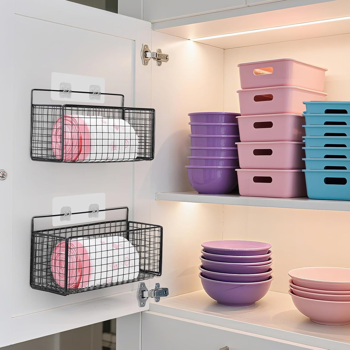 2 Pack Large Adhesive Kitchen Cabinet Door Organizer - Lid Organizer Inside Cabinet Wall Mounted Pantry Door Caddy for Kitchen Containers Lid Kitchen Under Sink Basket