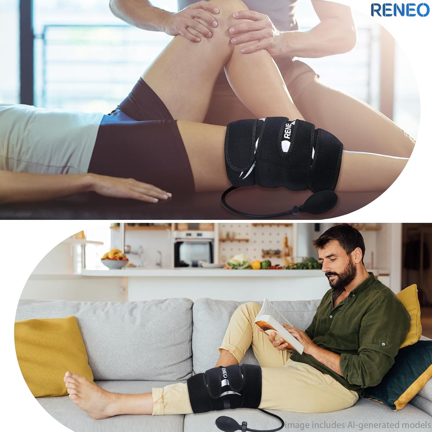 RENEO Compression Knee Ice Pack Wrap with Air Pump, Adjustable Knee Brace with Cold Packs Reusable, Hot and Cold Therapy for Women Men, Post-workout Recovery