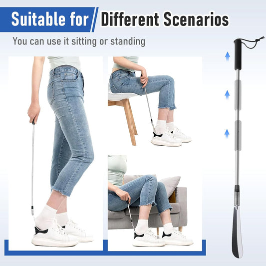 Fanwer Extendable Shoe Horn Long Handle for Seniors, Long Shoehorn | 16" to 31"Adjustable, Twist to Lock, Stainless Steel, Metal Travel Shoe Horn, Helper Tool for Men Women