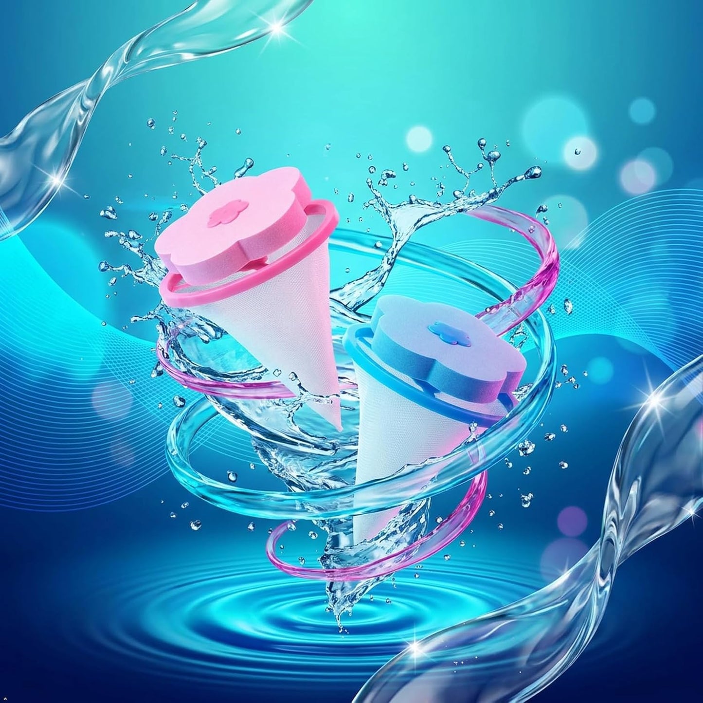 Floating Lint Catcher for Washing Machine, 6 Pack Reusable Pet Hair Remover, Dog Cat Fur Catcher, Blue and Pink, Cone Design (6, Blue and Pink)