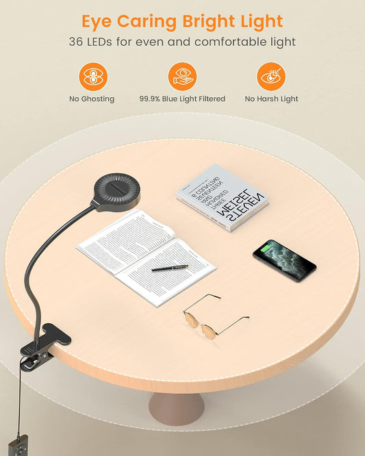 Glocusent 5W Clip on Light, 3 Colors & 5 Brightness Reading Light for Bed | Flexible Gooseneck Clip on Lamp, 30-Min Timer, Reading Lamp, Perfect Desk Lamp for Dorm,Bunk,Bed,Headboard,Table,Work,Craft