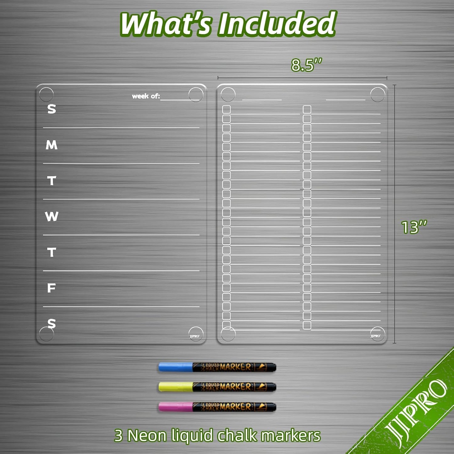 JJPRO Non-Magnetic Dry Erase Calendar for Fridge, Monthly Calendar, Weekly Planning Board Bundle for All Smooth Surfaces. Clear Reusable Calendar Stick to Fridge,Cabinet,Door&Glass
