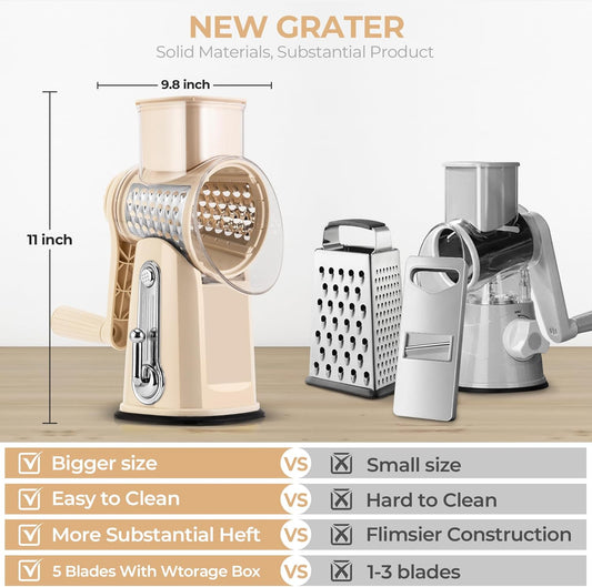 SUSTEAS Rotary Cheese Grater 5 Blades,Kitchen Mandoline Vegetable Slicer | Black, Easy to Clean, Strong Suction Base, 5 Blades Storage Box, Round Mandoline Slicer & Food Chopper for Salad
