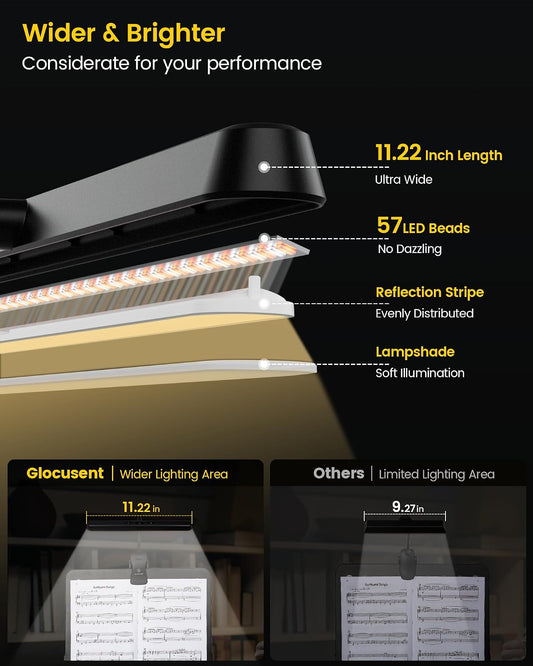 Glocusent Rechargeable Music Stand Light, 11.2” Wide Piano Light | 57 LED Clip On Light, 3 Colors & 5 Brightness Piano Lamp,140Hrs Runtime, For Musician/Piano Player/Sheet Music/orchestra