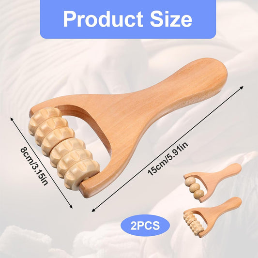 Wooden Massage Roller 2 Pcs 3 Bead 2 Gear | For Leg Foot Body Muscle Relief, Natural Wood Manual Roller Stick, Ergonomic Design, Compact Portable for Home Office Travel