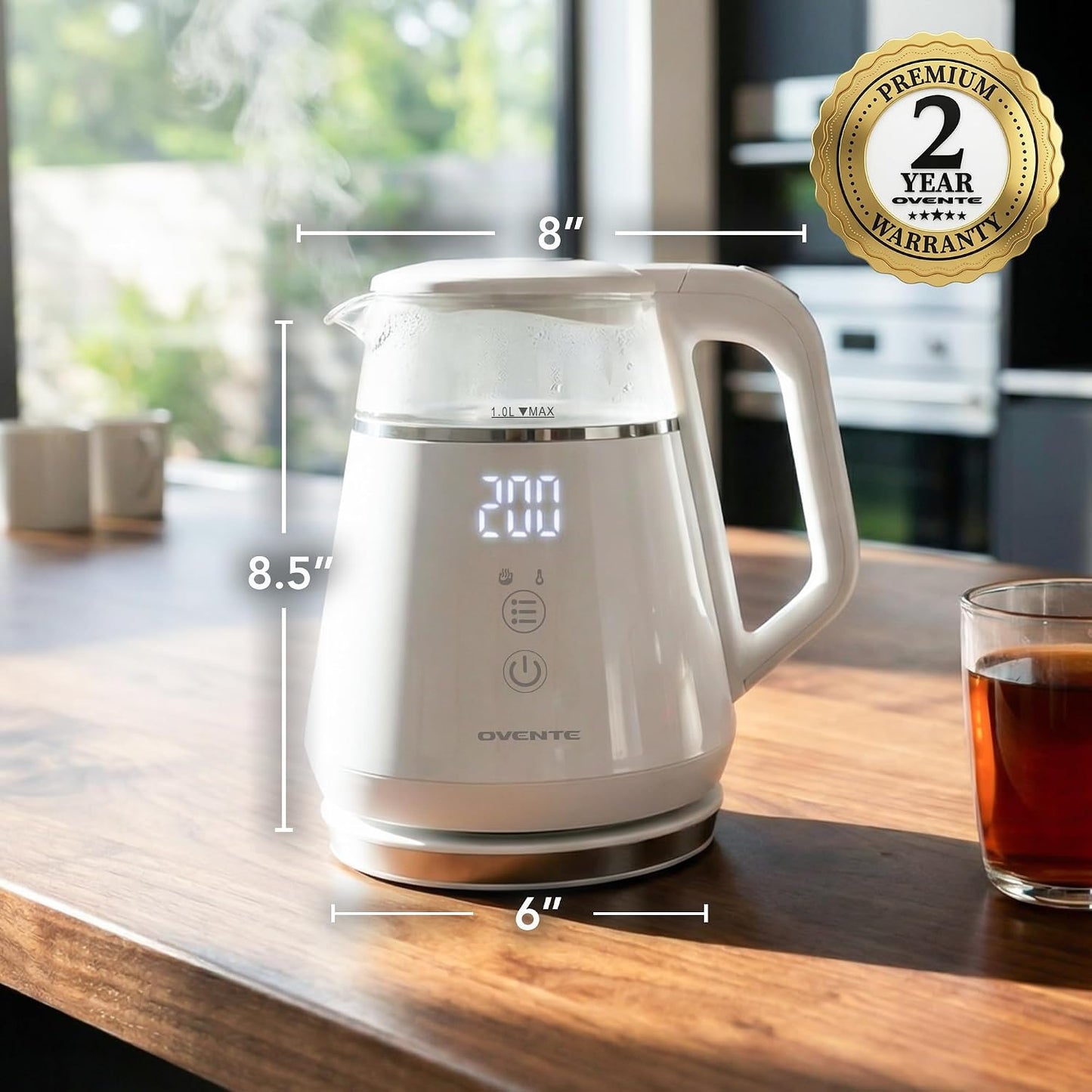 OVENTE 1L Electric Kettle with Temperature Control, 1500W, Black KD95B | Water Boiler With Digital Display, 5Hr Keep Warm, Auto Shut-Off, Double-Wall Cool-Touch Exterior, BPA-Free Borosilicate Glass