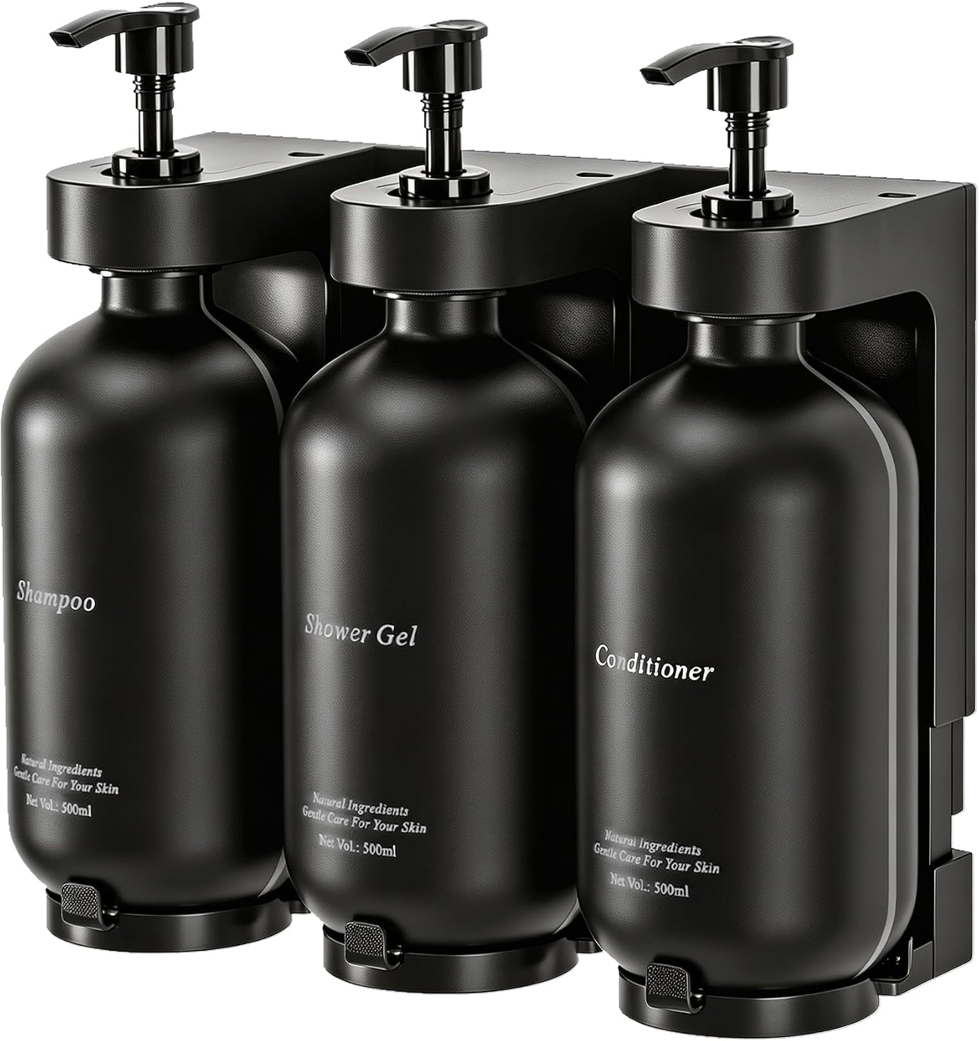 Shampoo and Conditioner Dispenser, Wall-Mounted 3-Bottle Set | 3 Refillable PET Bottles with Waterproof Labels, Adhesive and Screws for Bathrooms, Showers, Hotels, Vacation Rentals and RVs