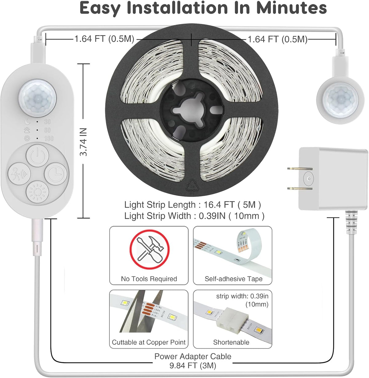 Dual Sensor Stair Light Strip, Double Motion Activated Sensor LED Strip Light for Stairway (Power Adapter (16.4FT Cable), Warm White 3000K (16.4FT White Light Strip))