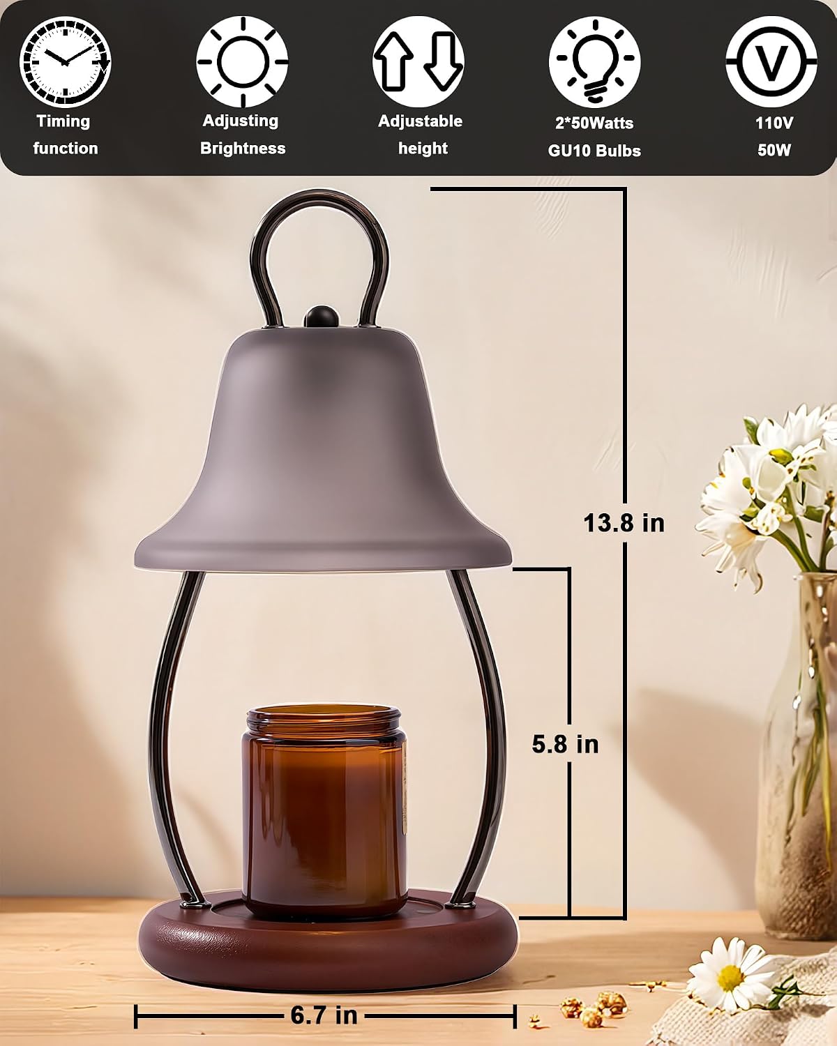 Candle Warmer Lamp with Timer, Dimmable, Adjustable Height, Black