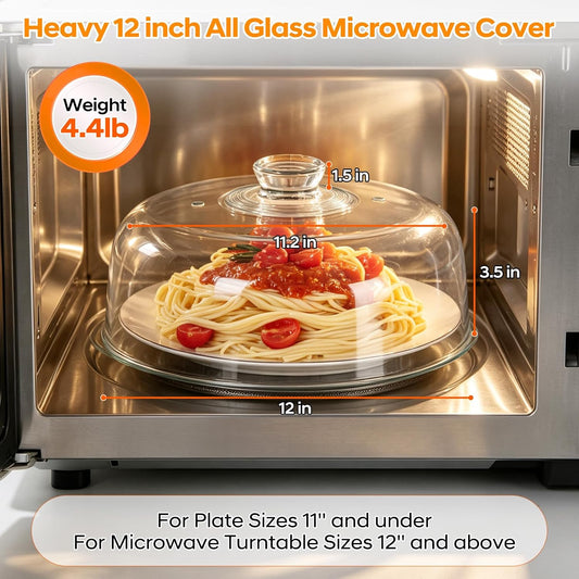 Heavy 12 Inch Borosilicate Glass Microwave Splatter Cover for Food | All Glass Tall Splatter Guard Microwave Plate Serving Dish Covers Lid with Handle for Heating Food