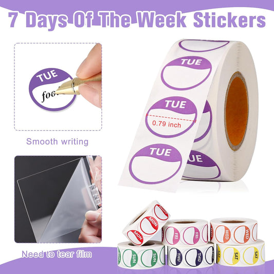 3500 Pcs Day of The Week Stickers with Wall Mount Sticker Dispenser Food Date Labels Stickers Acrylic Day Dot Dispenser 1 Inch Sticker Roll Holder Expiration Date Stickers for Food Containers Kitchen