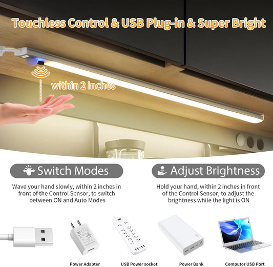 Touchless LED Motion Sensor Under Cabinet Lighting, USB Plug-in | 15.7" Bright & Dimmable, Motion Sensor Light Indoor for Kitchen, Cabinet, Closet, Pantry - Cool 2Pack