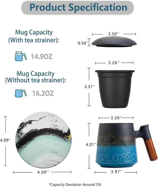 ZENS Tea Cup with Infuser and Lid & Coaster for Tea Steeper, 15oz Blue | Embossed Ceramic Tea Infuser Mug for Loose Leaf Tea Difussers, Tea Lovers Gifts, Nature Wood Handle